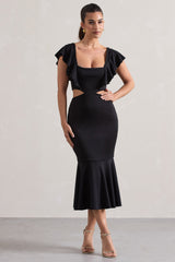 Macey | Black Square-Neck Cut-Out Ruffled Midi Dress