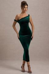 Carella | Bottle Green Velvet Twisted Asymmetric Midi Dress