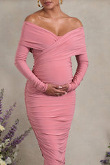 Davina | Blush Pink Ruched Twist Bardot Long-Sleeve Maternity Midi Dress