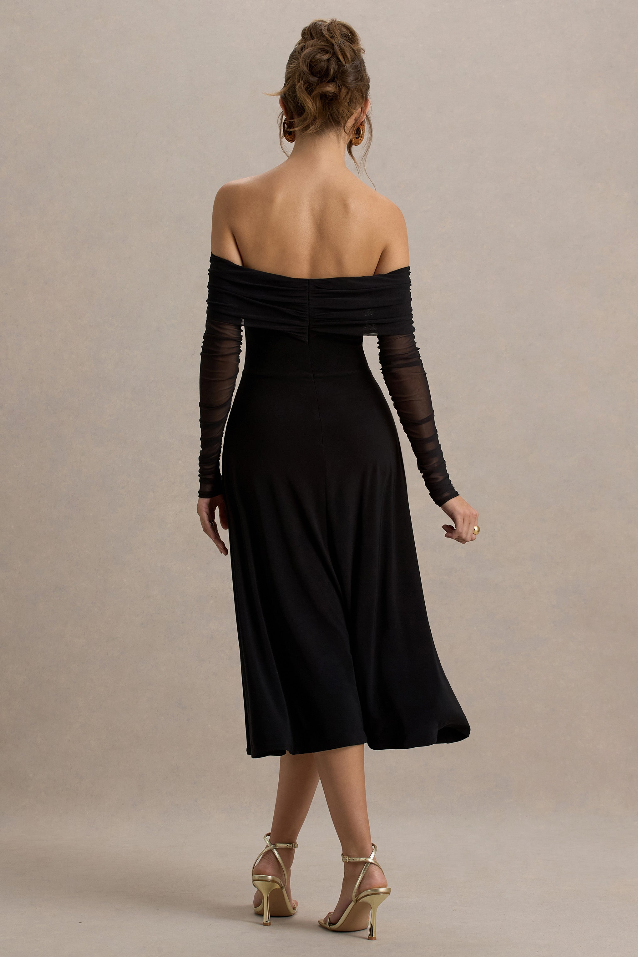 Flatter Me | Black Bardot Midi Dress With Mesh Sleeves