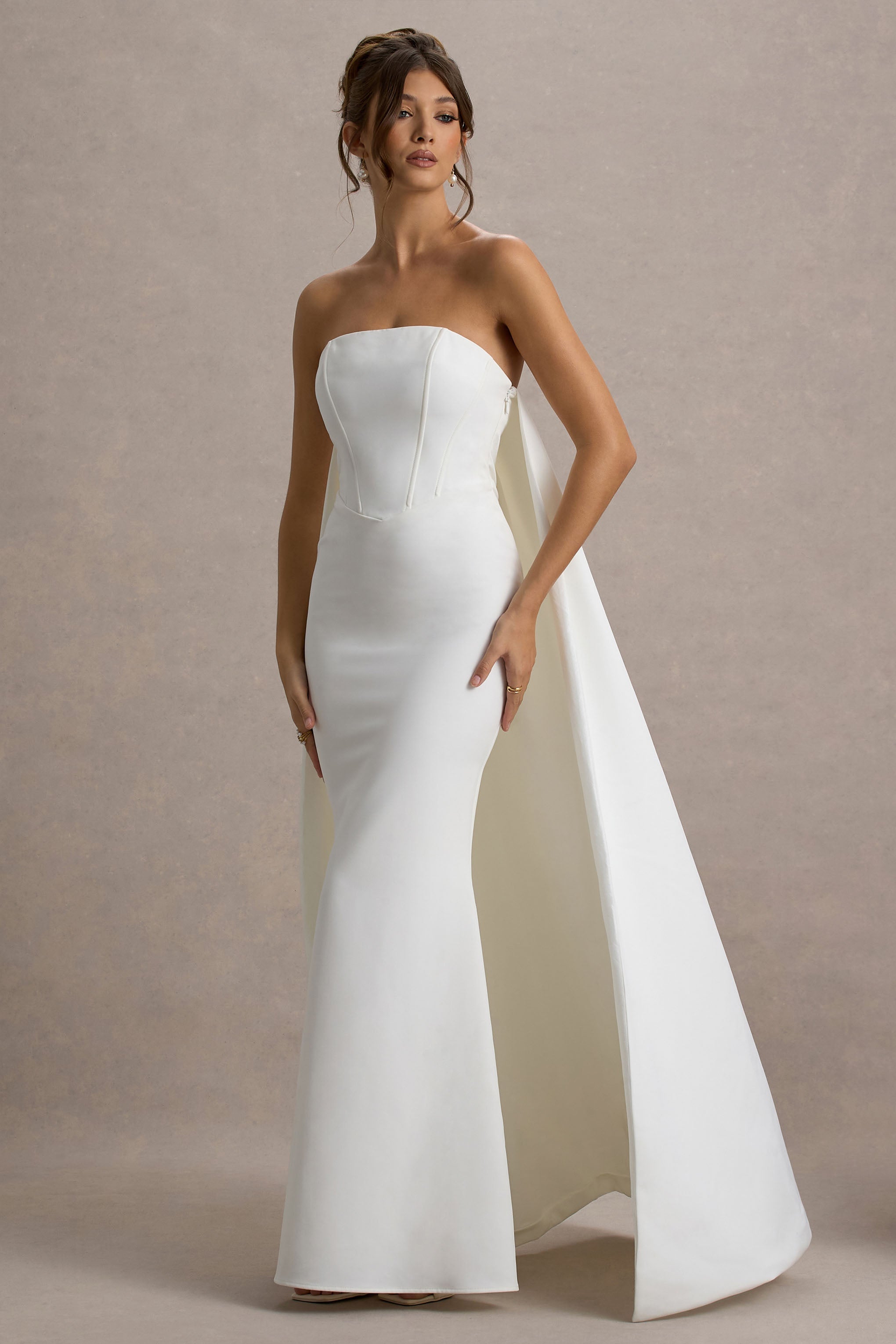 She's Trouble | White Bandeau Maxi Dress With Cape