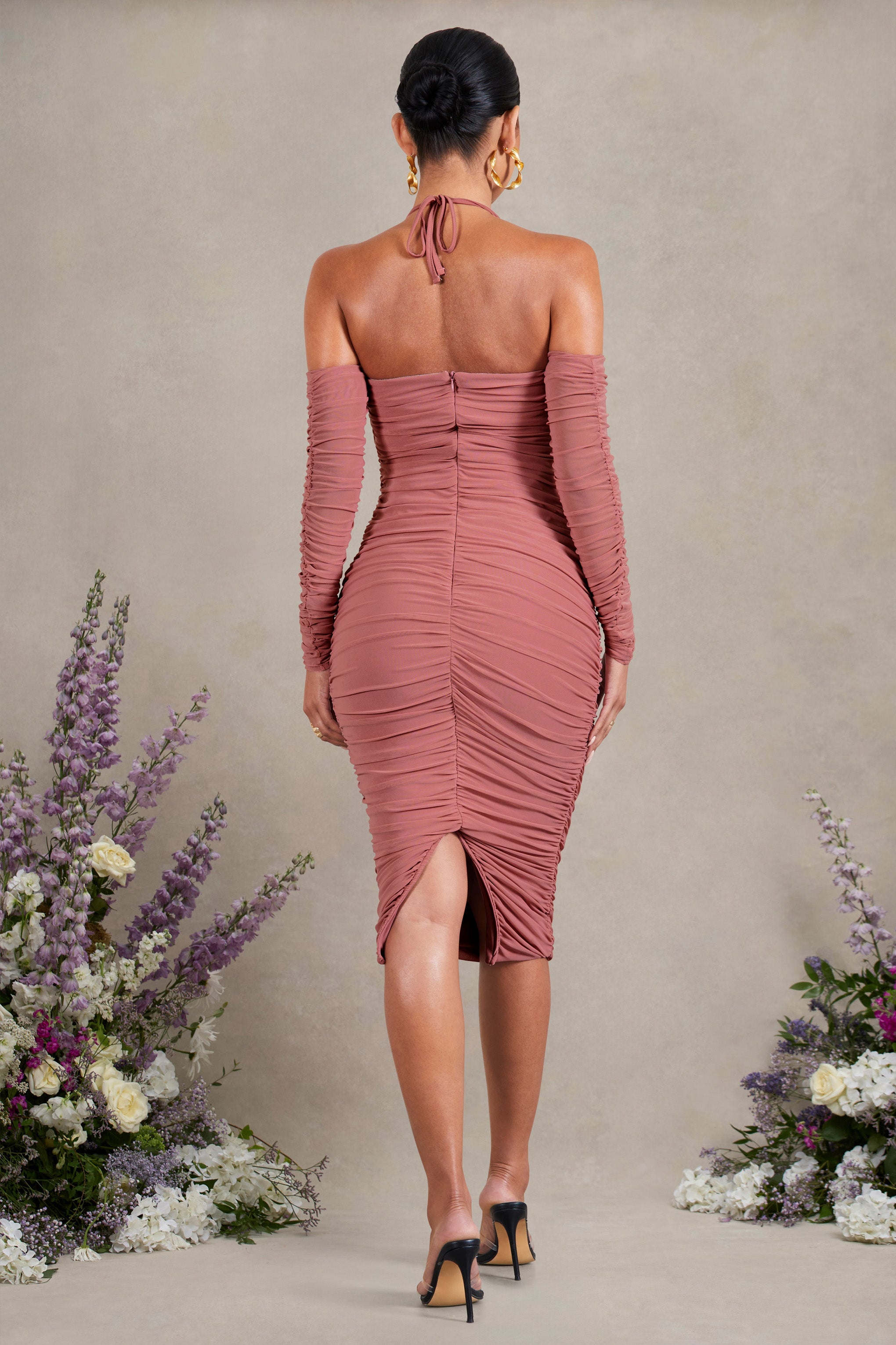 Pixie | Blush Pink Ruched Long-Sleeved Halter-Neck Maternity Midi Dress