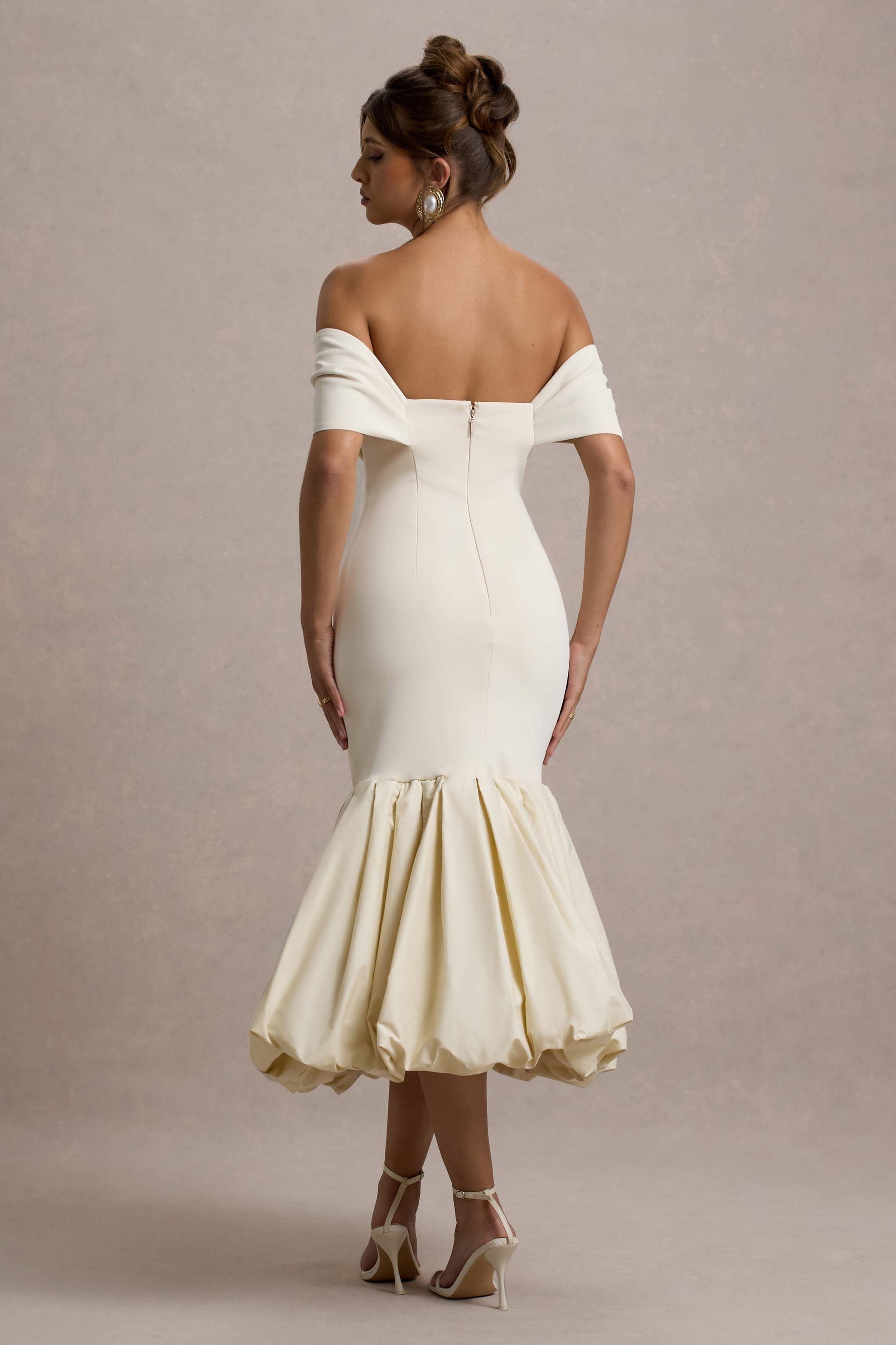 Posie | Stone Bardot Midi Dress With Puffball Hem