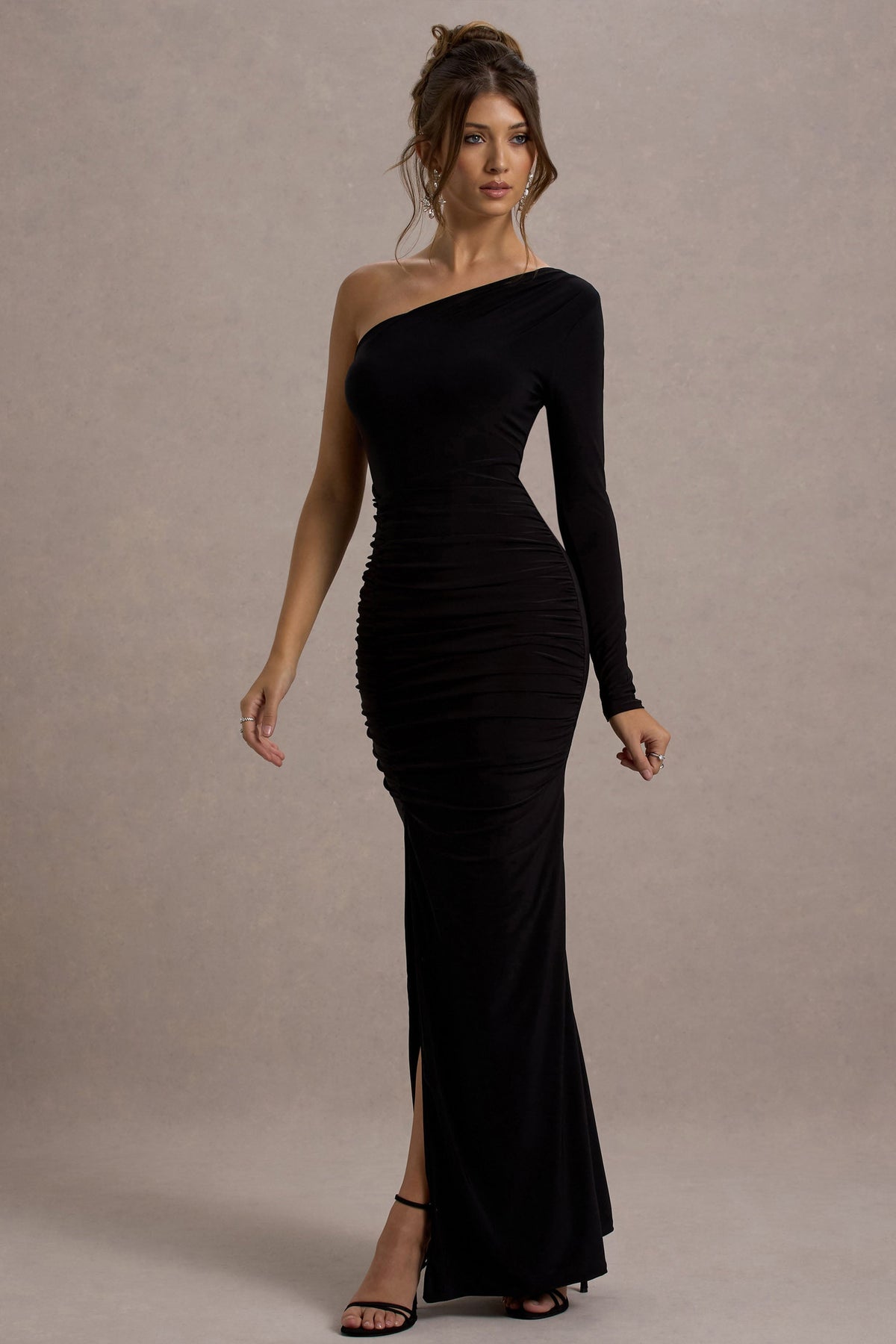 Doll | Black Asymmetric One Sleeve Ruched Maxi Dress