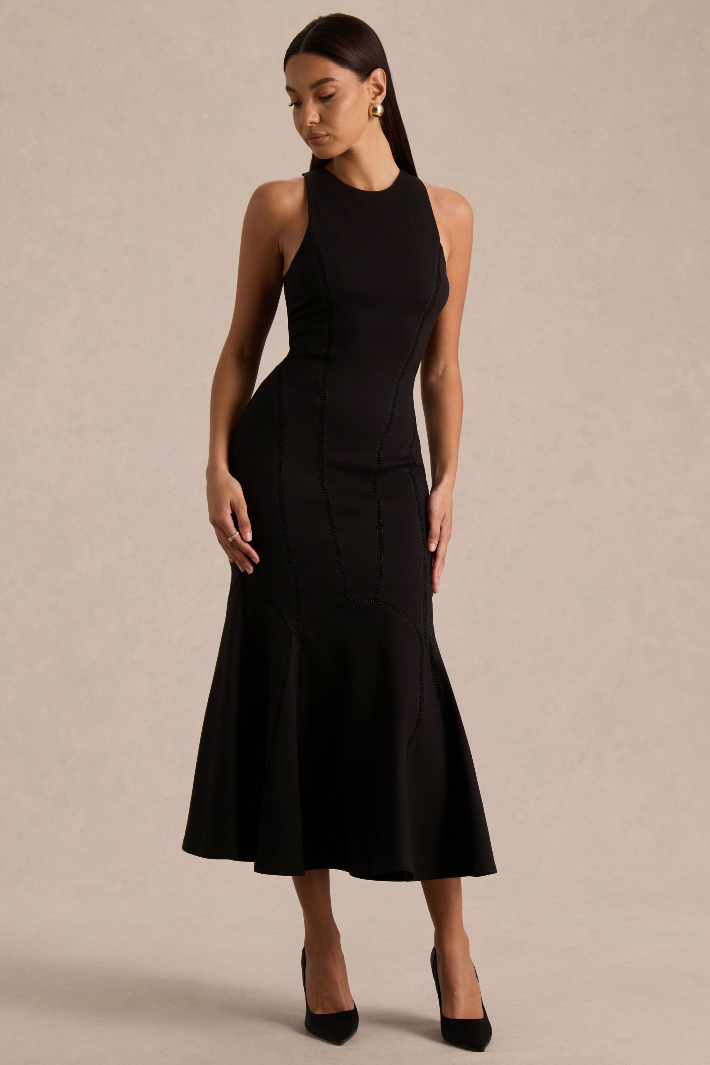Sally | Black Crew-Neck Midi Dress With Drop Waist