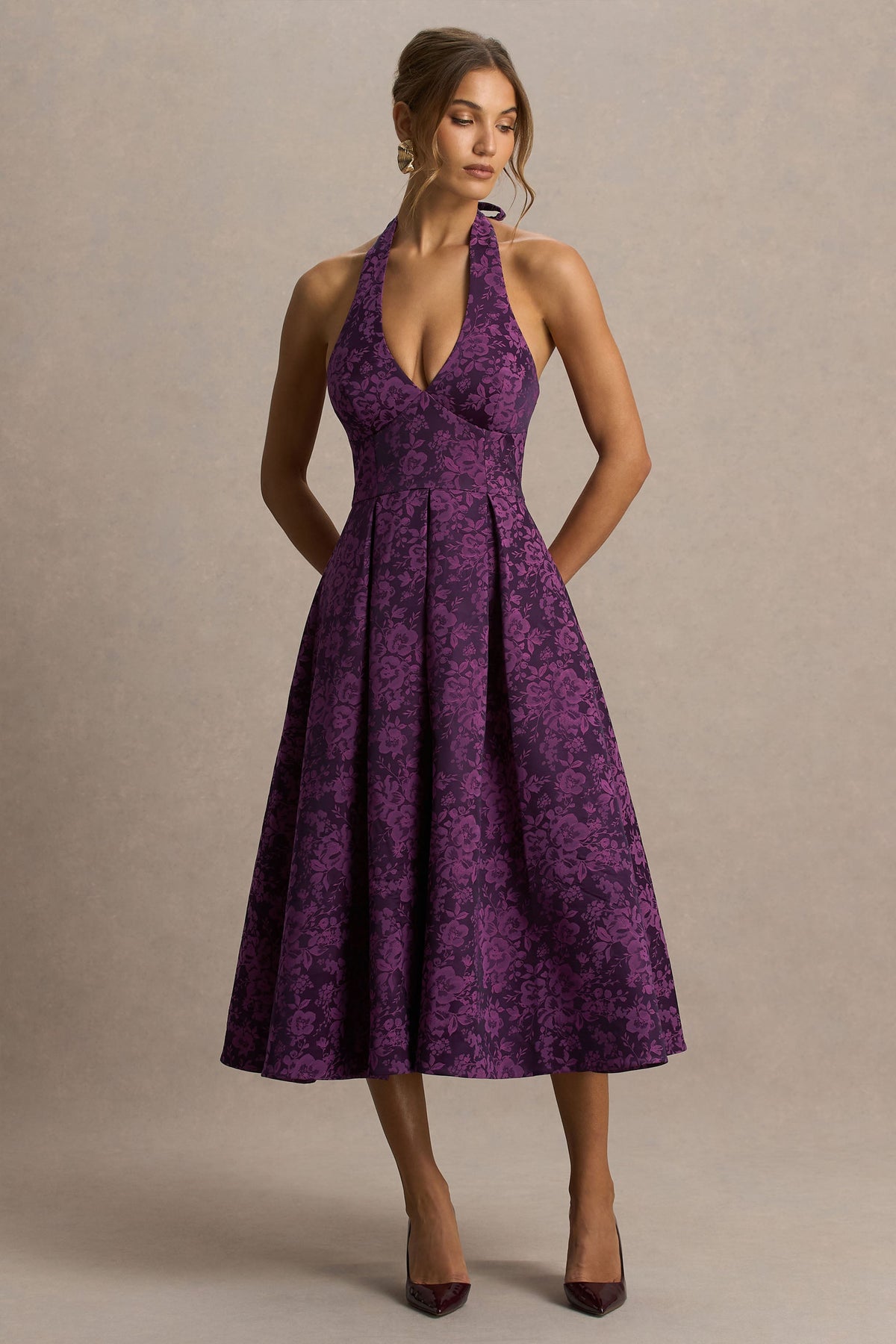 Isabeau | Burgundy Satin Plunge-Neck Midi Dress