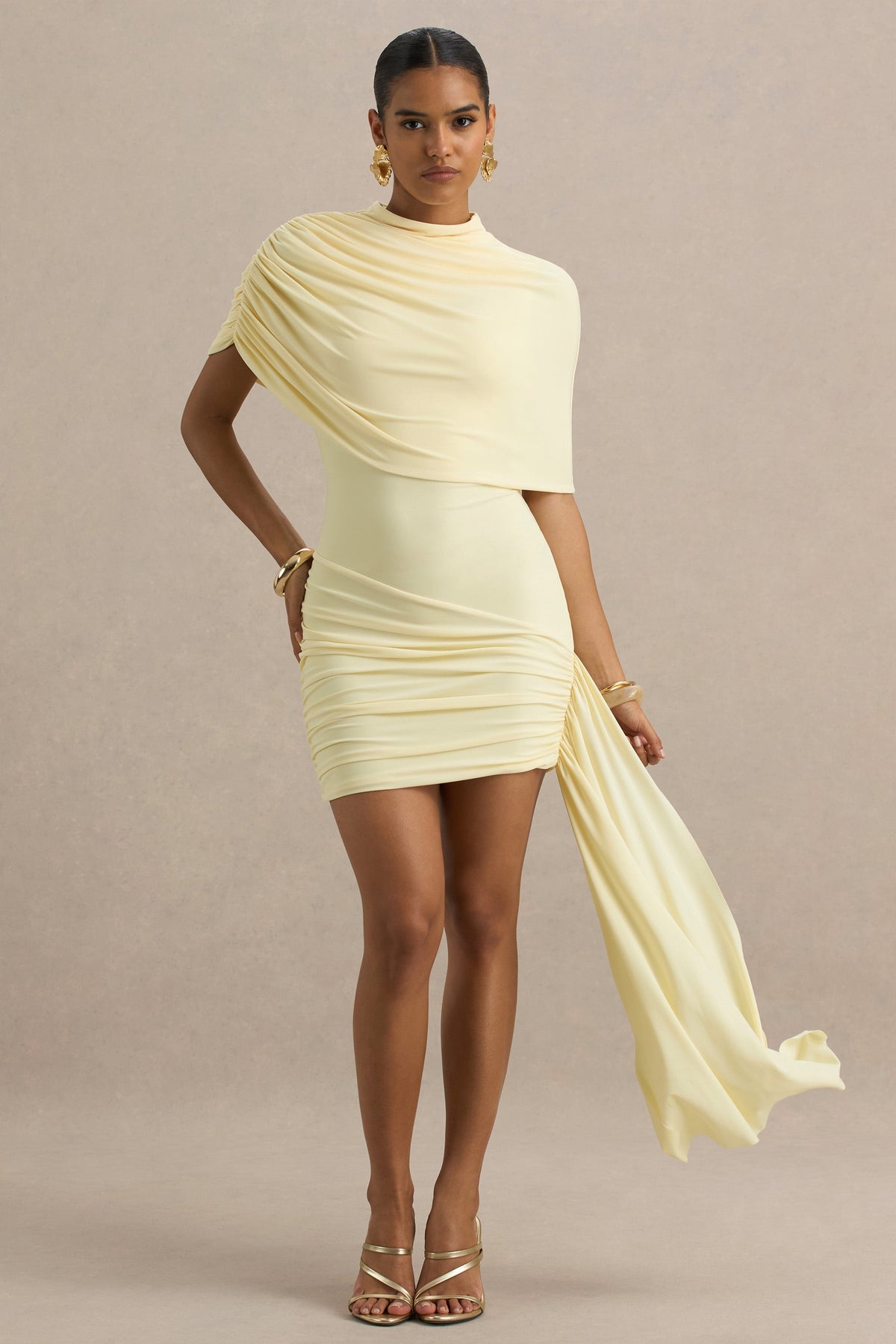 Farrah | Pale Lemon High-Neck Draped Mini Dress With Sash