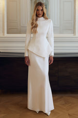 Pepita | Cream High-Neck Tailored Maxi Dress With Drop-Waist And Satin Skirt