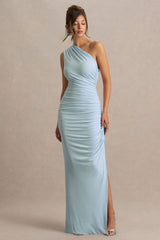 Daphne | Powder Blue Asymmetric-Neck Maxi Dress With Ruched Detailing