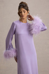Adella | Lilac Satin Feather-Trim Maxi Dress