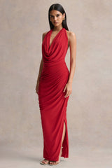 Cairo | Red Cowl-Neck Maxi Dress With Gathered Detailing