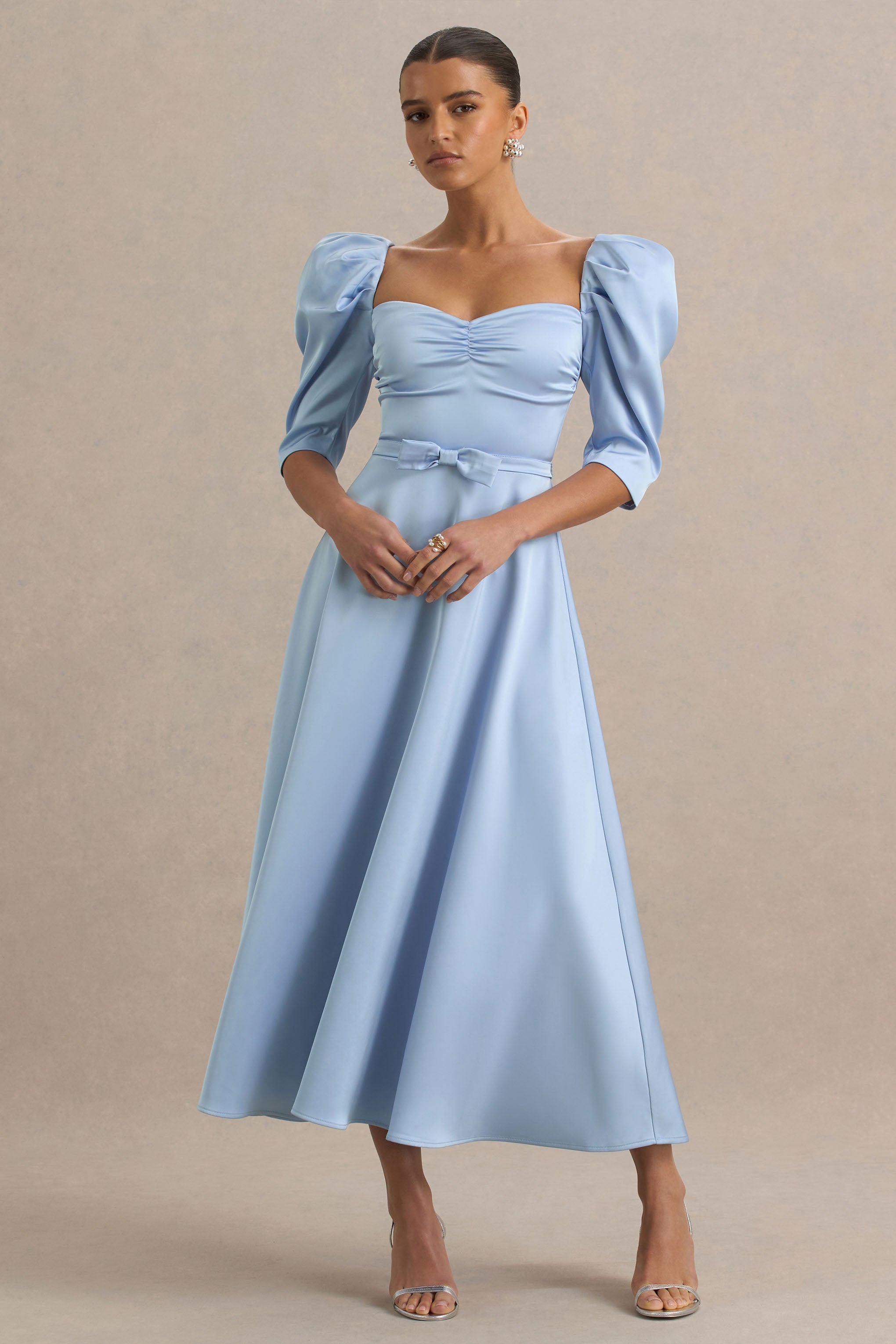 Rosey | Powder Blue Satin Sweetheart Midi Dress