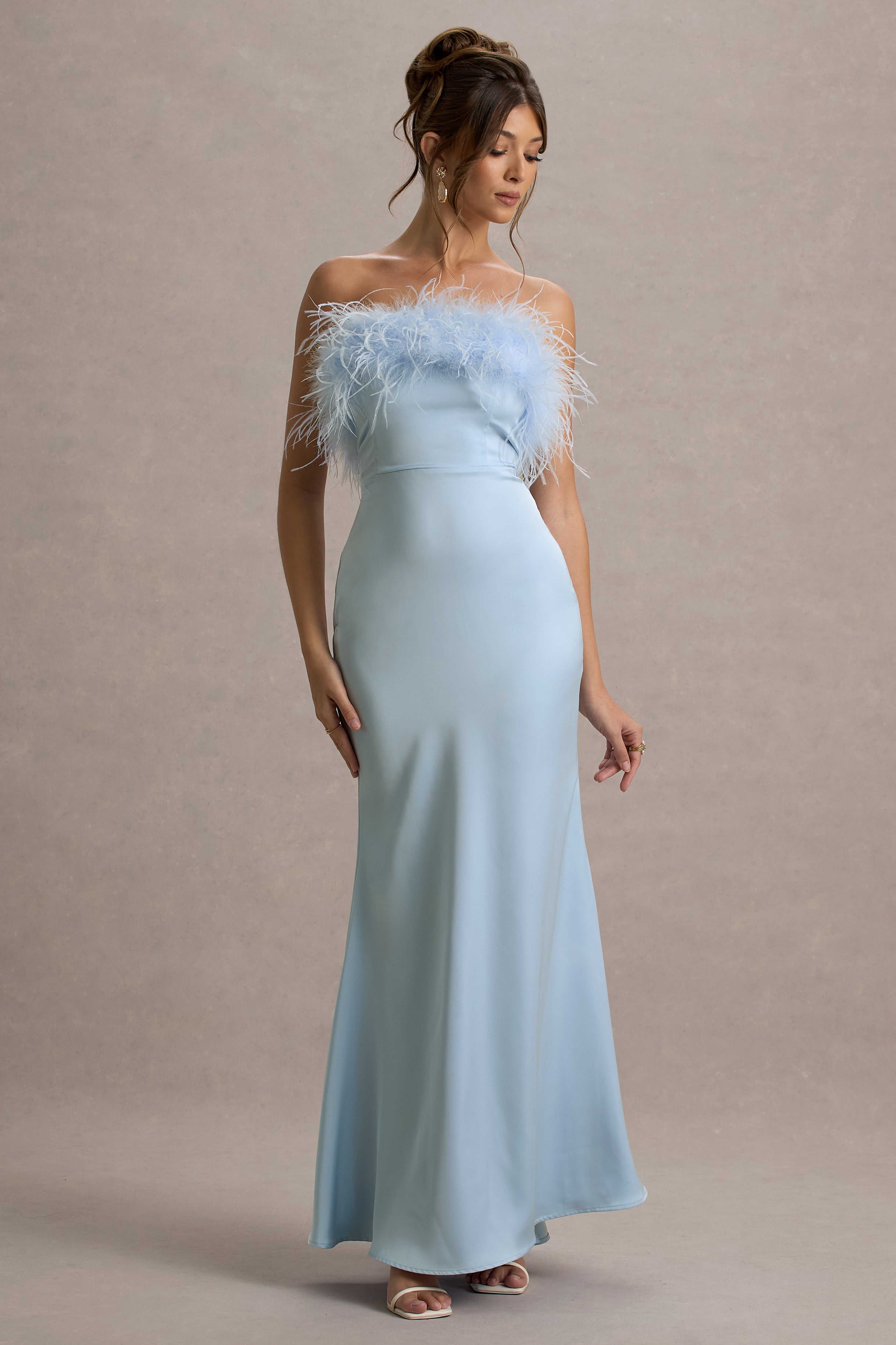 Dress For It | Powder Blue Satin Feather Trim Bandeau Maxi Dress