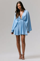 Ocean Flower | Powder Blue Crinkle Chiffon Draped Mini Dress