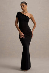 Alethea | Black Asymmetric Bardot Maxi Dress
