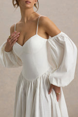 Macie | Cream Sweetheart Midi Dress With Balloon Sleeves