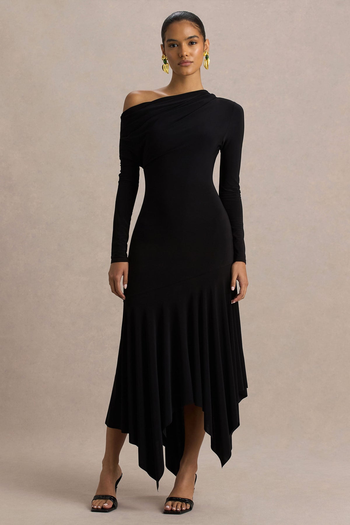 Isola | Burgundy Asymmetric-Neck Midi Dress With Hanky-Hem