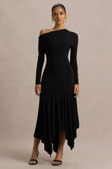 Isola | Burgundy Asymmetric-Neck Midi Dress With Hanky-Hem