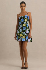 Aisha | Black Floral Embellished Square-Neck Mini Dress