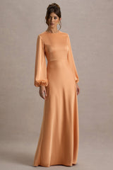 Crawley | Peach Satin Puff-Sleeve Maxi Dress