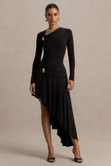 Alexia | Black Asymmetric-Neck Maxi Dress With Gold-Details