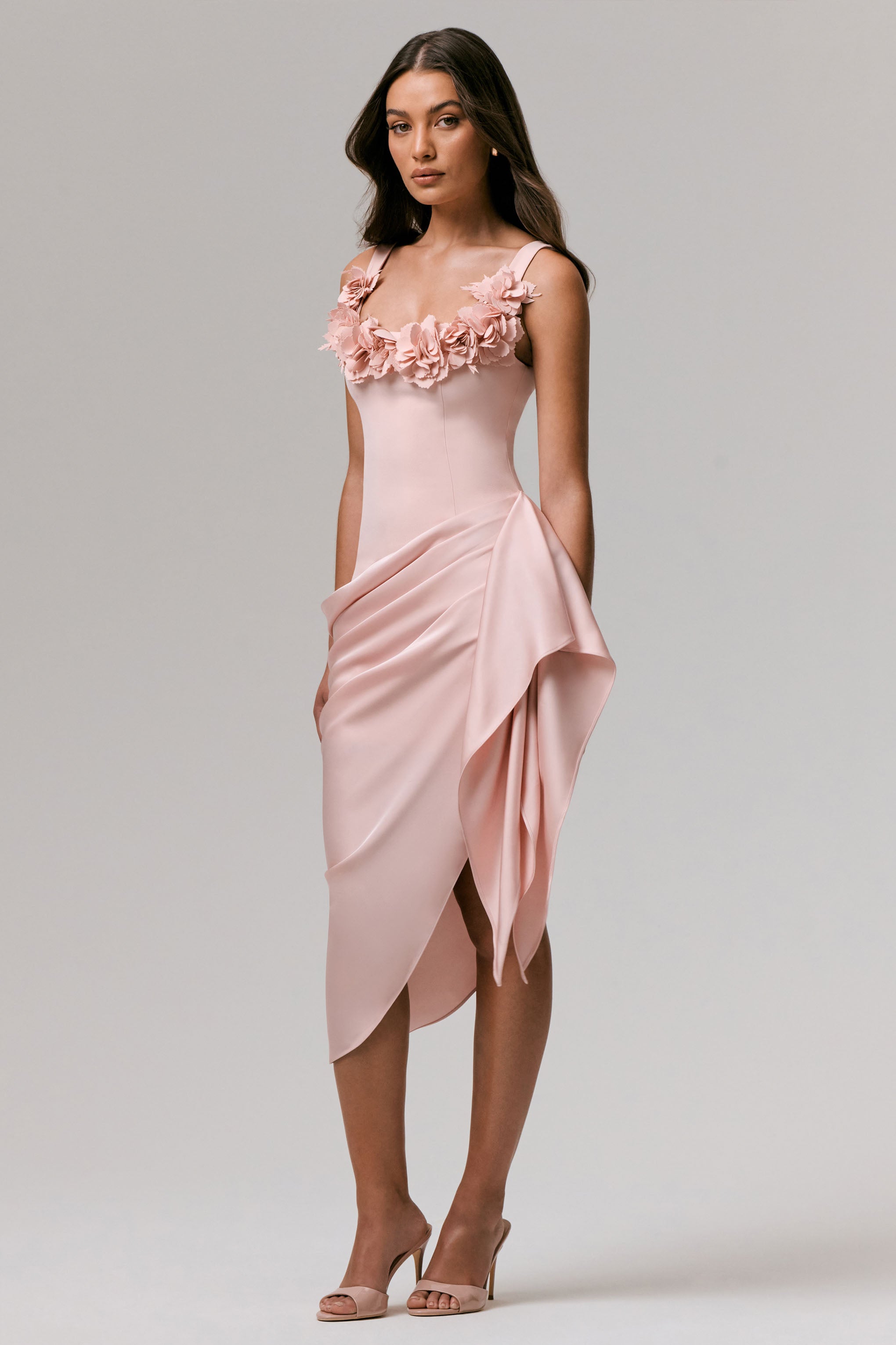 Letitia | Pale Pink Square-Neck Floral Detailed Wrap Midi Dress