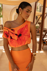 Lia | Orange And Red Placement Floral Print Asymmetric Crop-Top