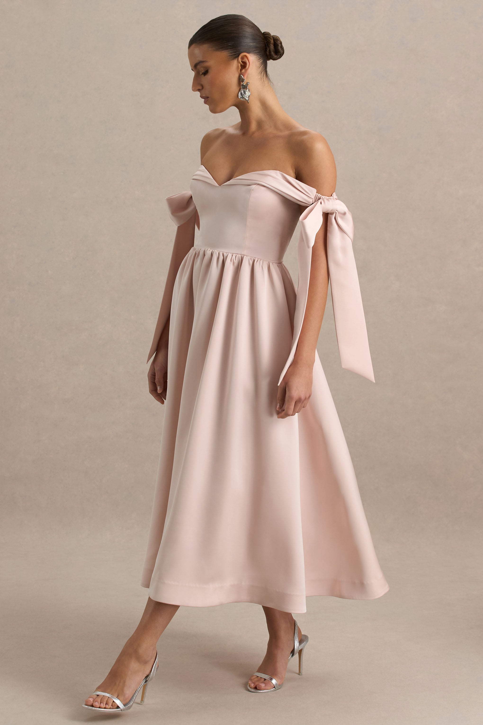 Agafay | Rose Pink Satin Short-Sleeve Bardot Wrap Midi Dress With Bow Detail