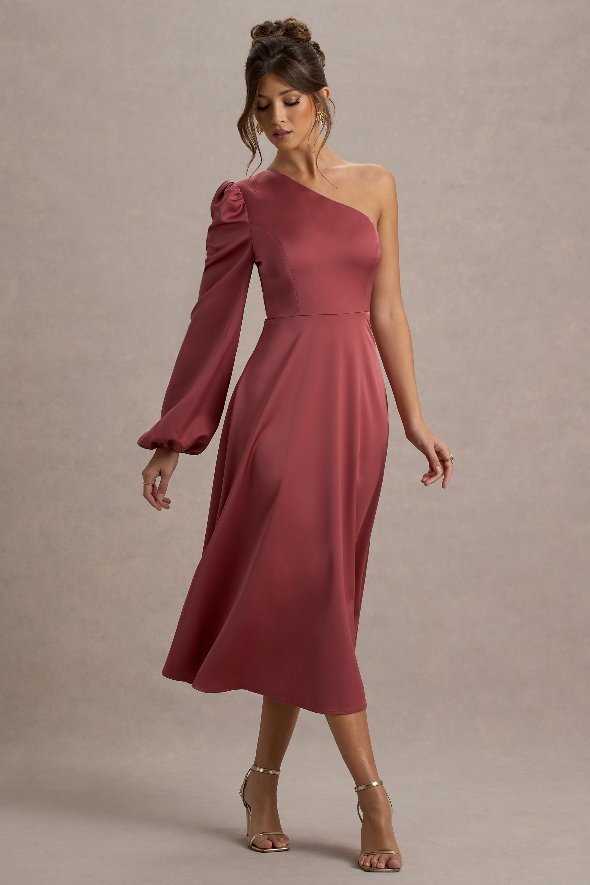 Haila | Rose Pink Satin One-Shoulder Midi Dress
