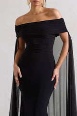 Carlotta | Black Bardot Maxi Dress With Chiffon Cape