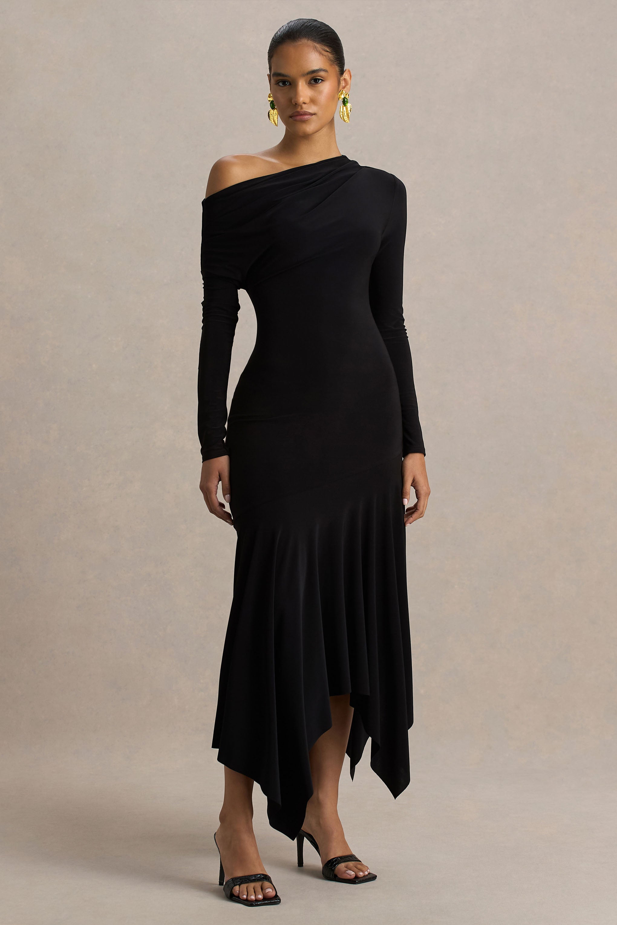 Isola | Burgundy Asymmetric-Neck Midi Dress With Hanky-Hem