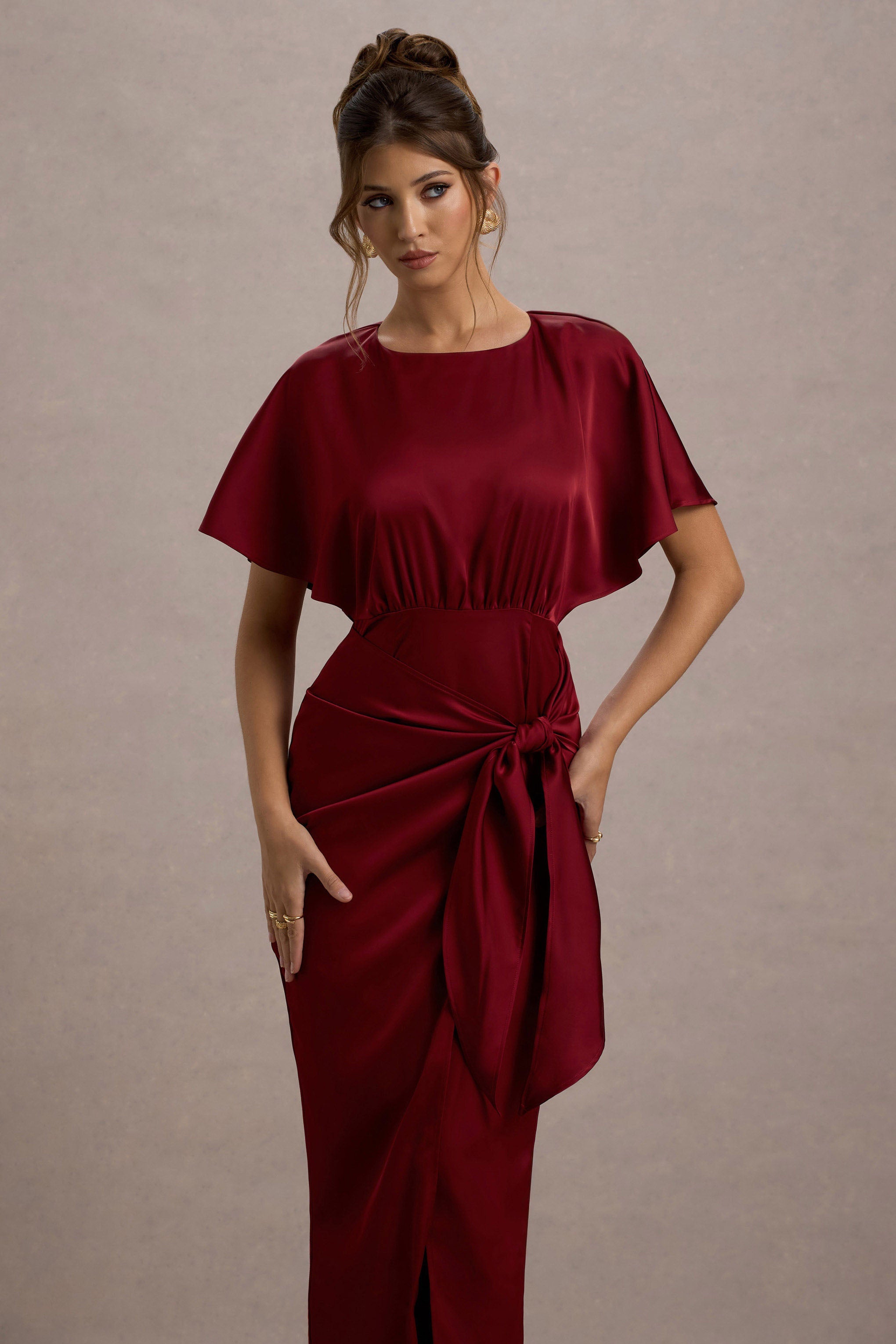 Mika | Port Satin Short-Sleeve Wrap Midi Dress