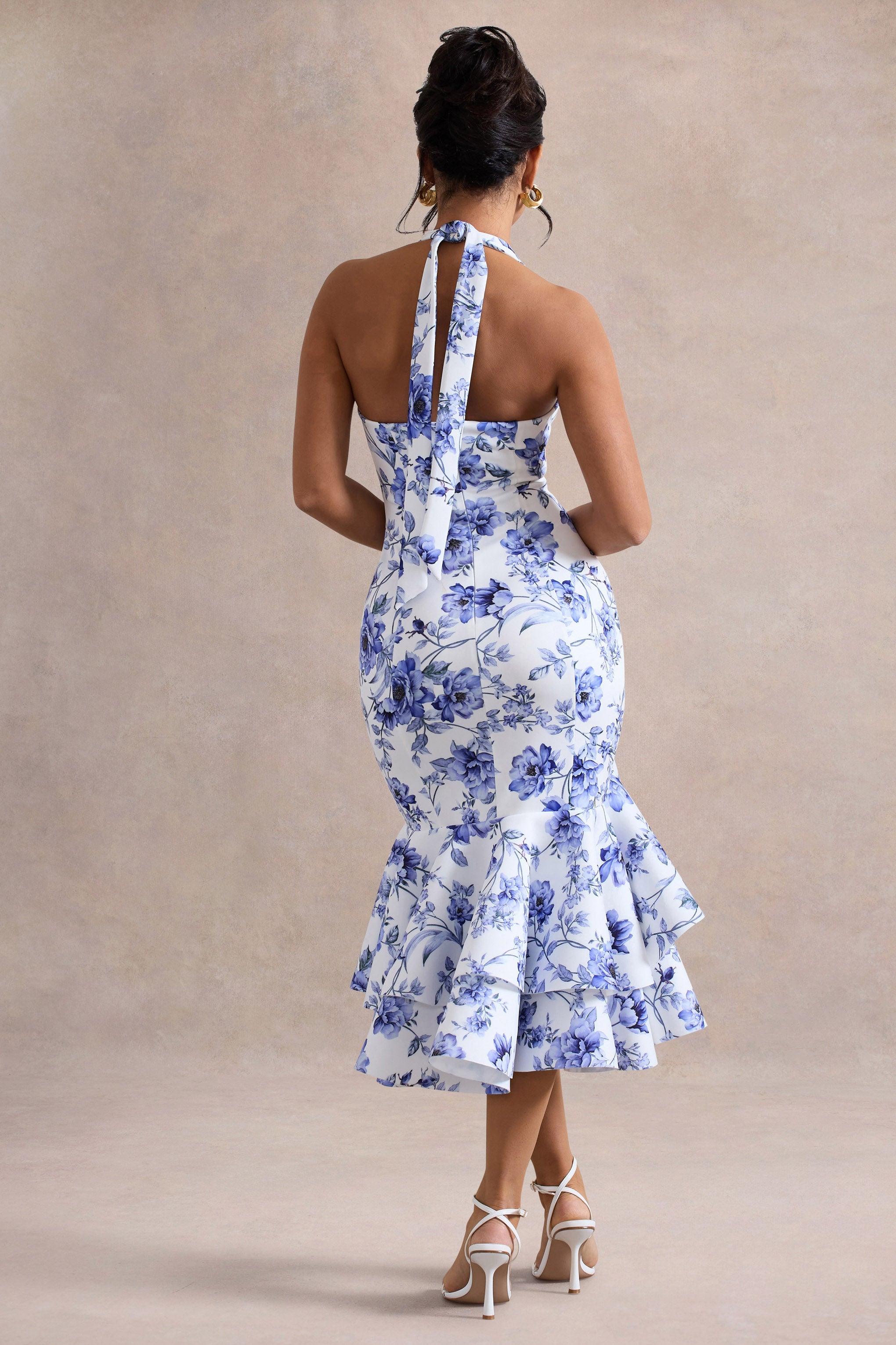 Arla | Blue Floral Halter-Neck Ruffle Trim Midi Dress