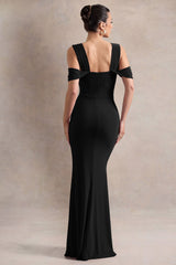 Amoura | Black Square-Neck Draped Wrap Maxi Dress