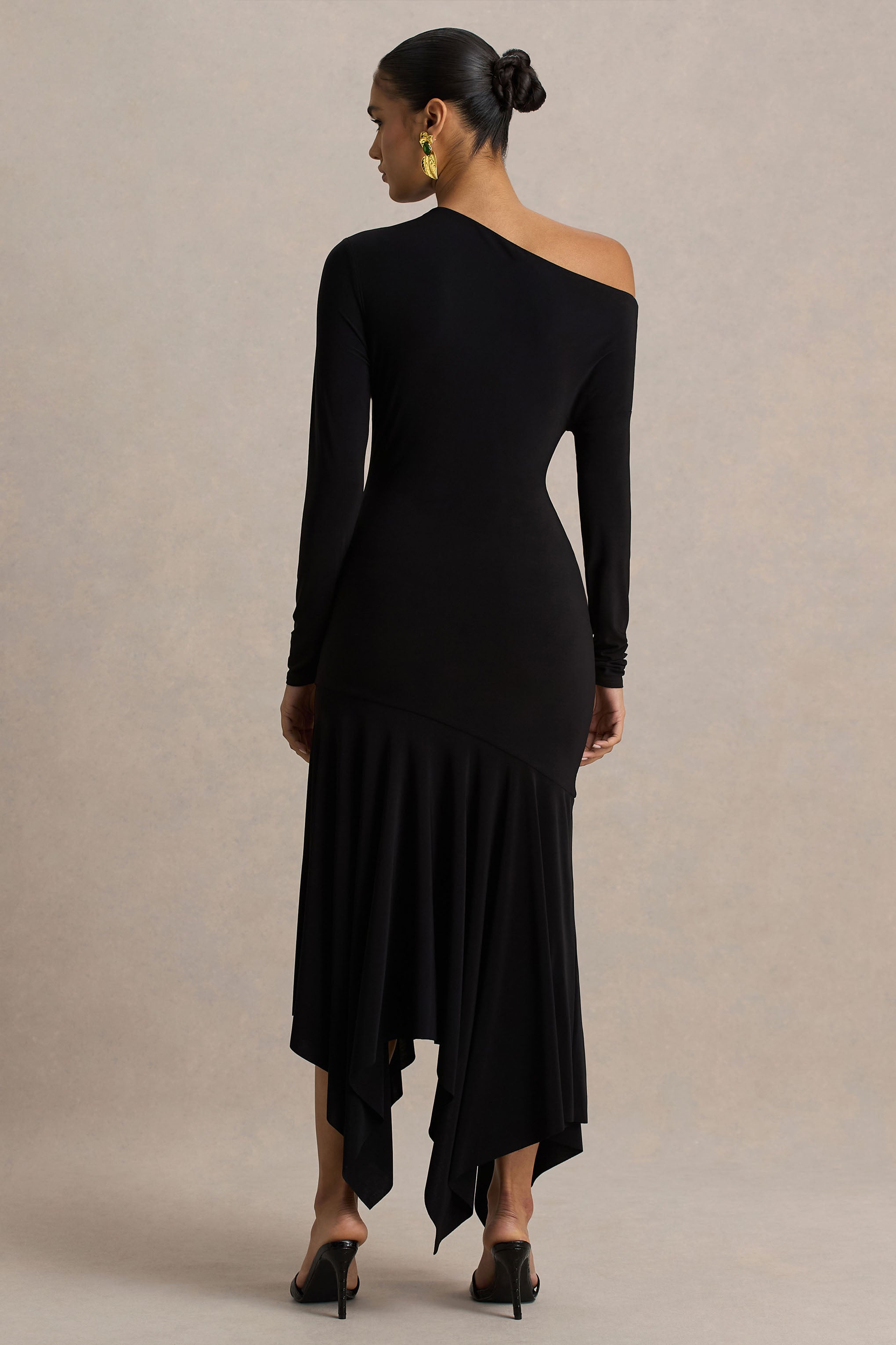 Isola | Burgundy Asymmetric-Neck Midi Dress With Hanky-Hem