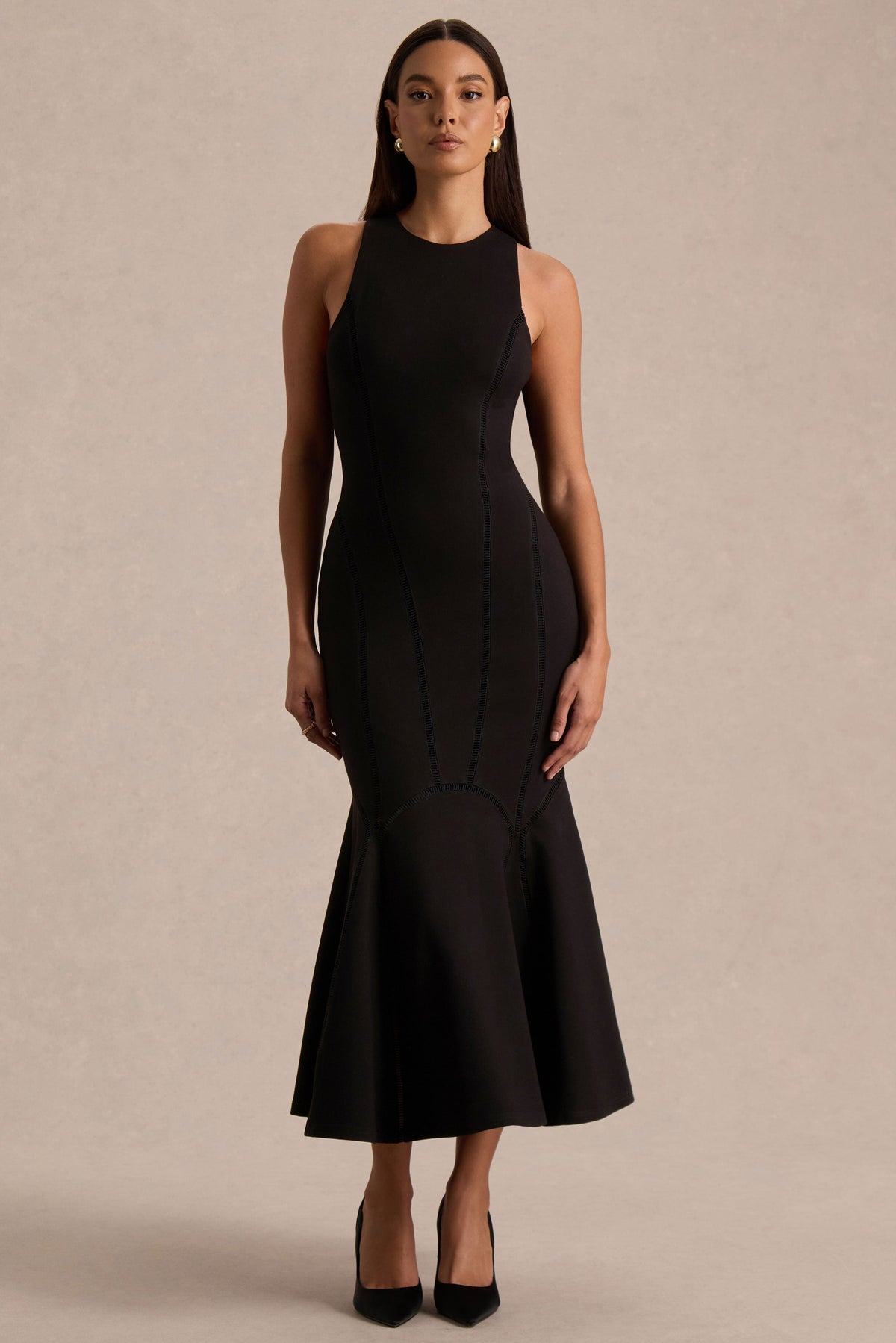 Sally | Black Crew-Neck Midi Dress With Drop Waist
