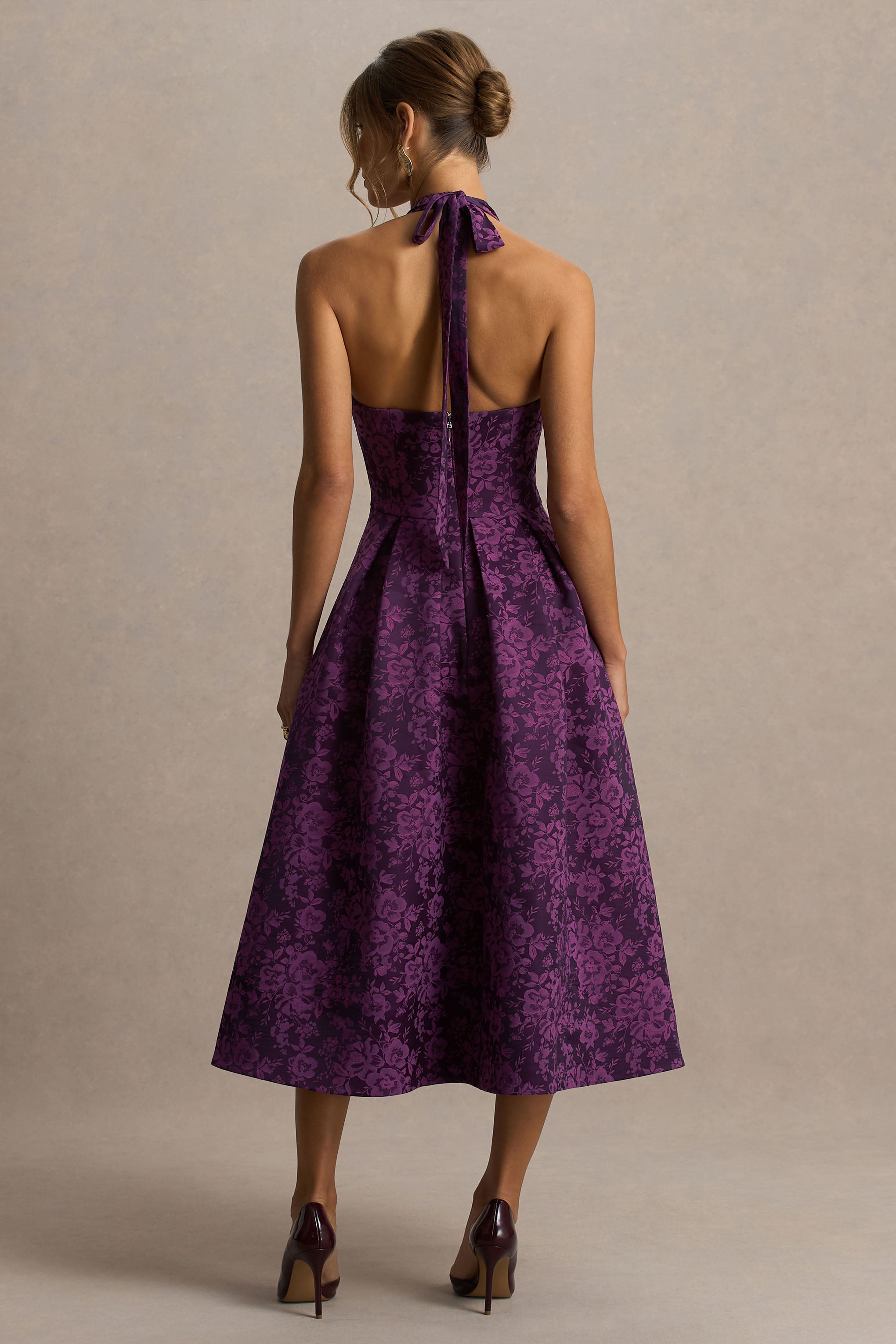 Isabeau | Burgundy Satin Plunge-Neck Midi Dress