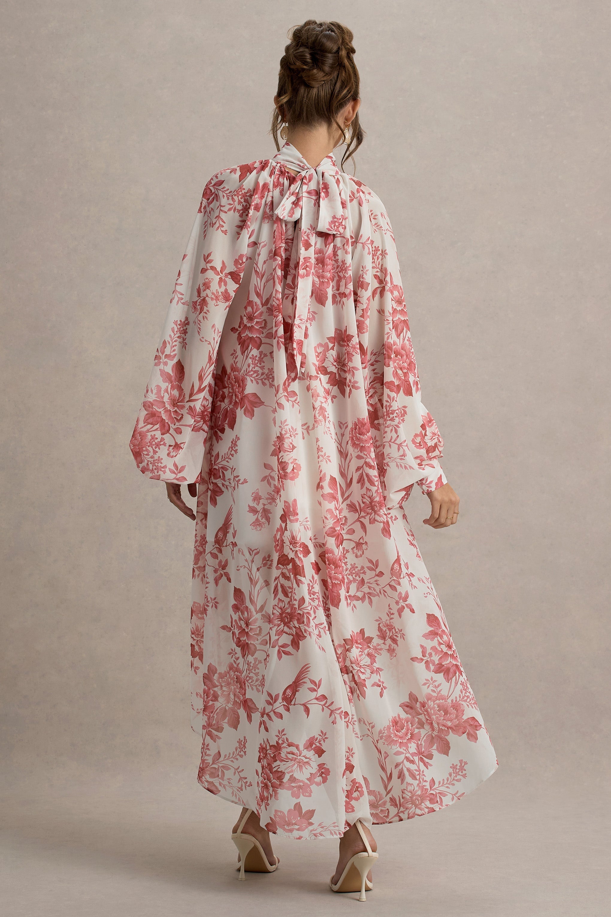 Delphia | Pink Porcelain Print High-Neck Maxi Dress With High-Low Hem