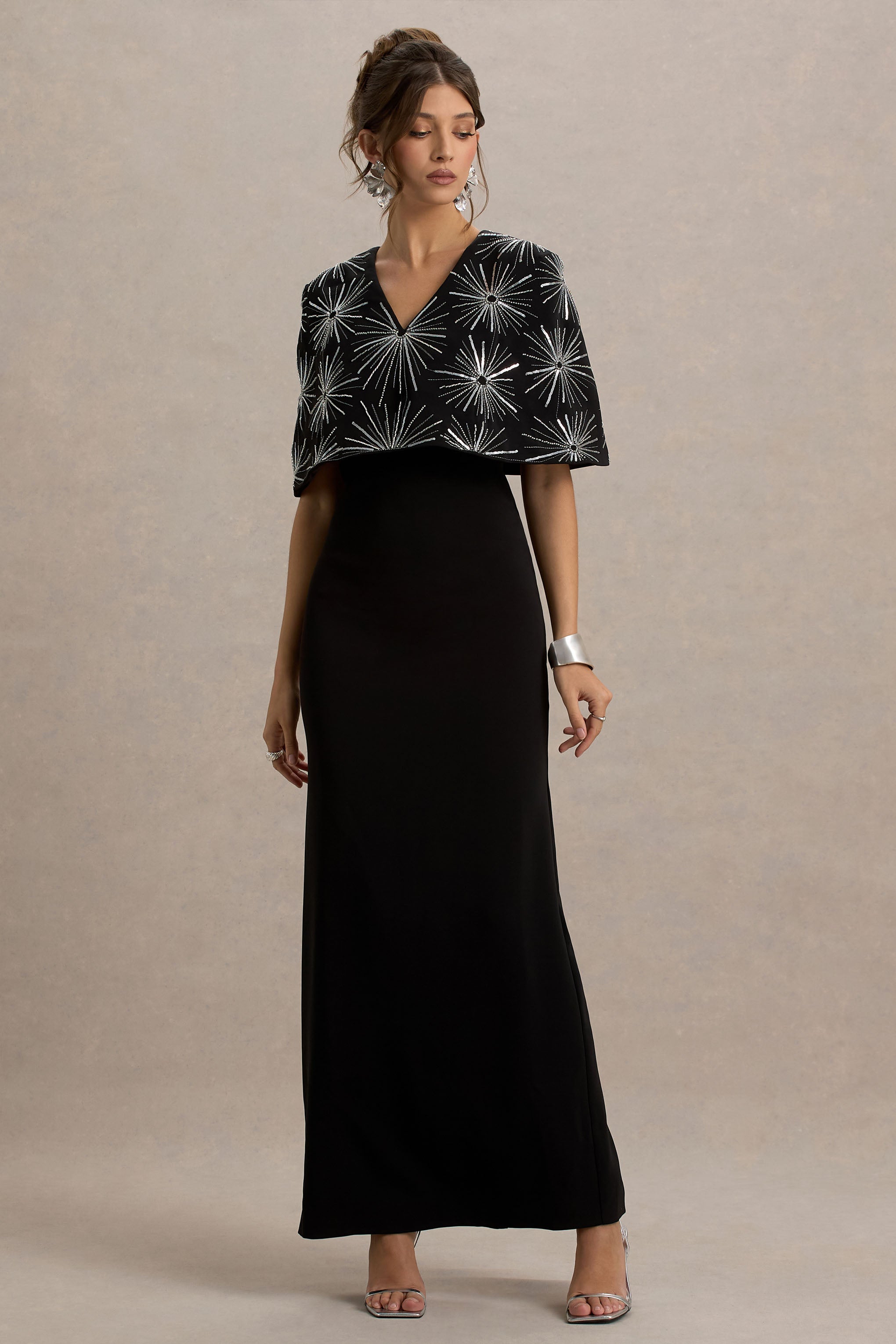 Agnella | Black Embellished V-Neck Maxi Dress