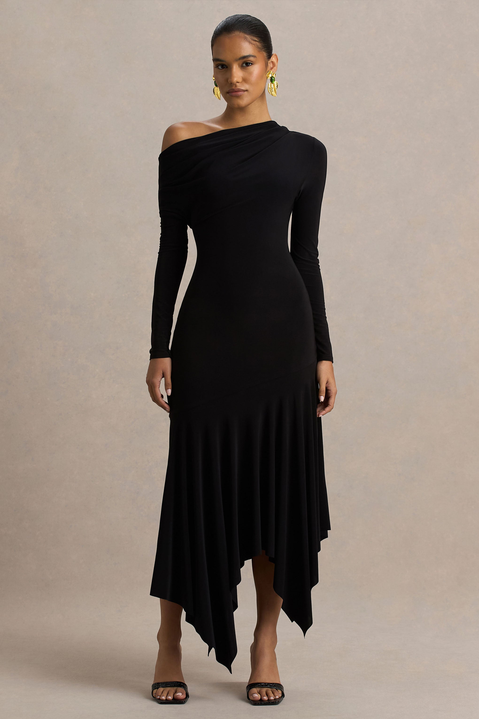 Isola | Burgundy Asymmetric-Neck Midi Dress With Hanky-Hem