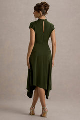 Velma | Olive Satin Midi Dress With Draped Hem