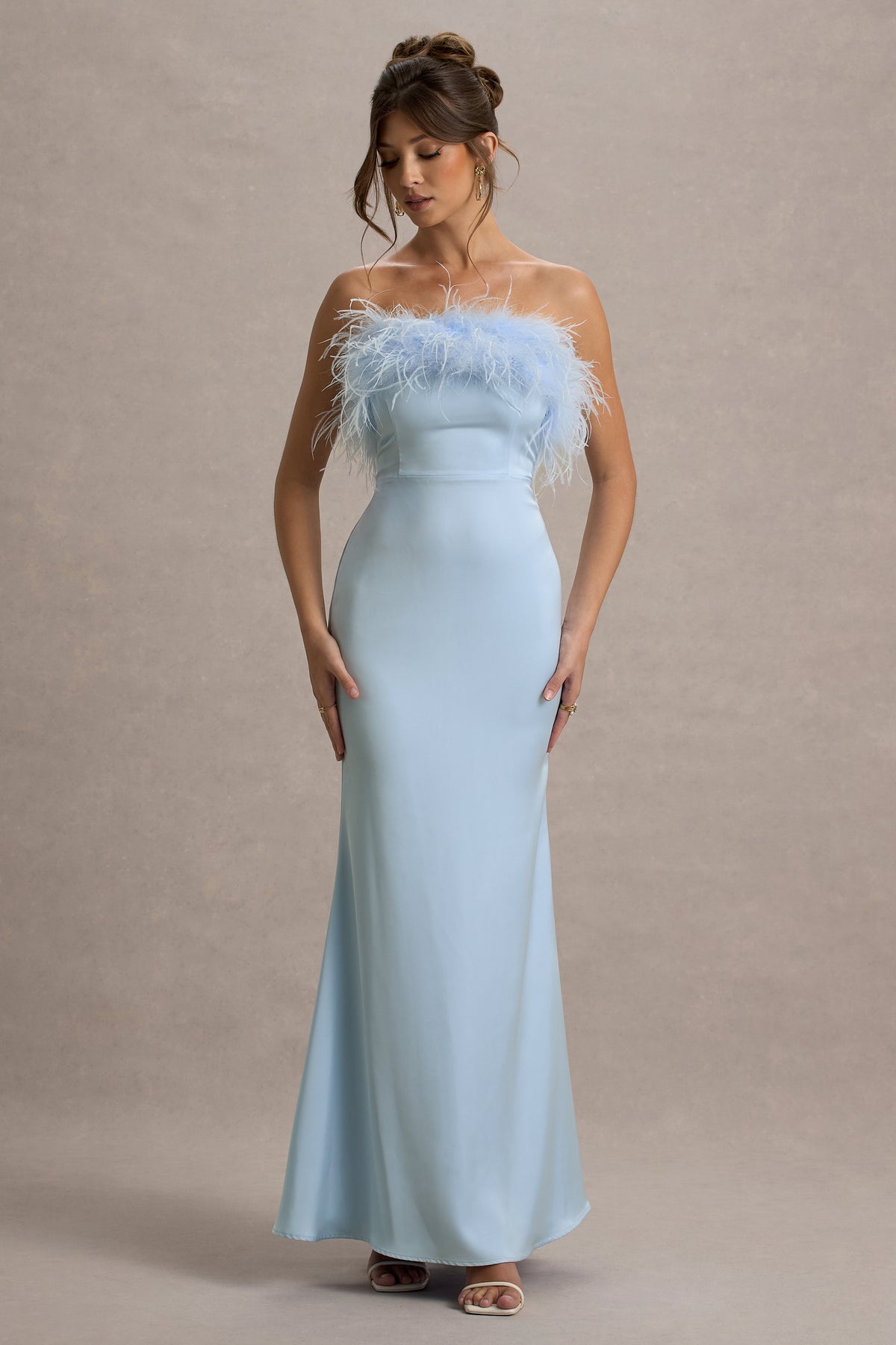 Dress For It | Powder Blue Satin Feather Trim Bandeau Maxi Dress
